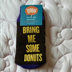 Black Crew Socks with Yellow 'Bring Me Some Donuts' Text